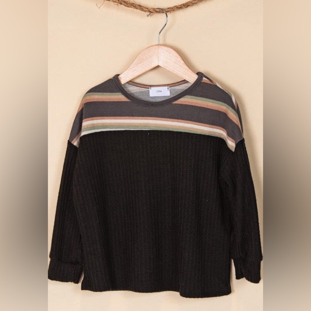 Girls Stripe Waffle Knit Top- Black